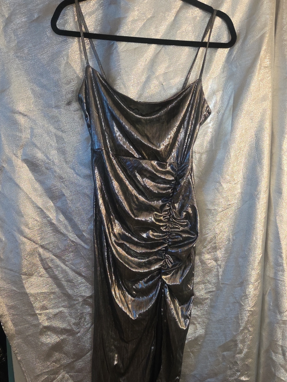 Metallic Silver Ruched Slip Midi Dress - Women's Evening Dress